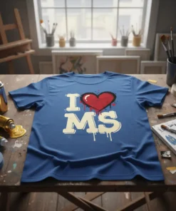 I Love MS T-Shirt with a red heart and distressed lettering, celebrating Mississippi pride