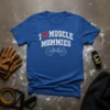 I Love Muscle Mommies t-shirt with a red heart and barbell graphic, designed for fitness mothers