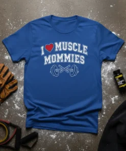 I Love Muscle Mommies t-shirt with a red heart and barbell graphic, designed for fitness mothers