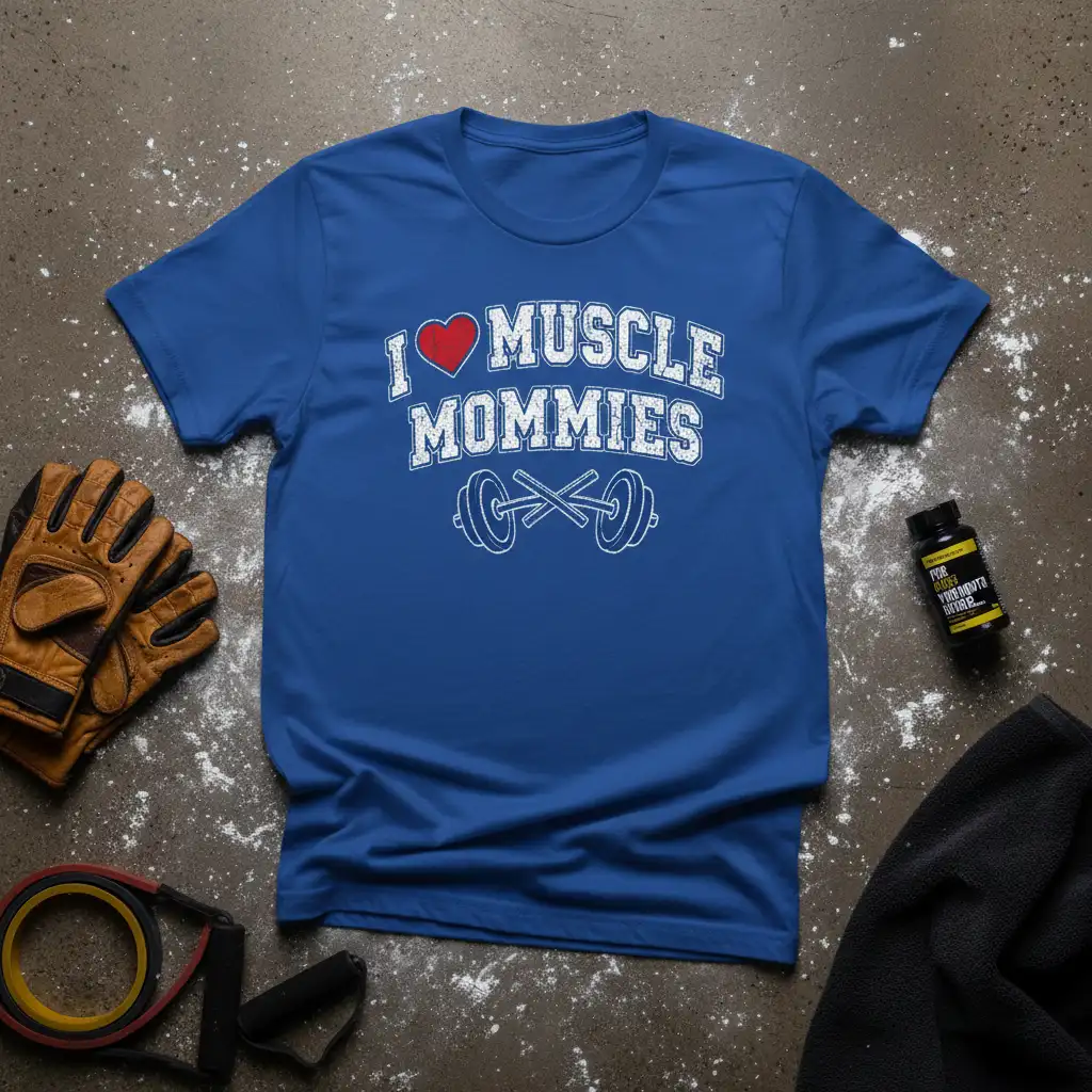 I Love Muscle Mommies t-shirt featuring a red heart and crossed barbells, celebrating fitness-focused mothers