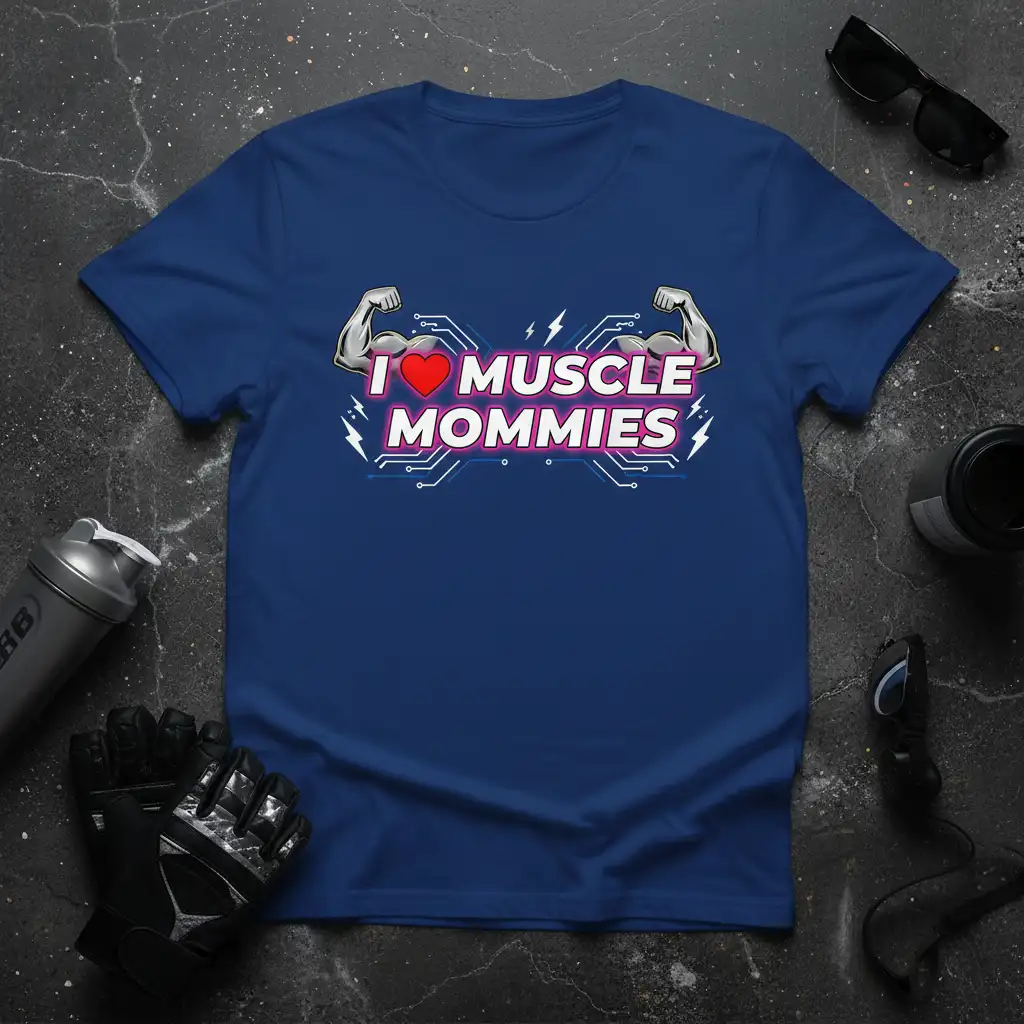 I Love Muscle Mommies text with flexed arms graphic and heart on a blue t-shirt