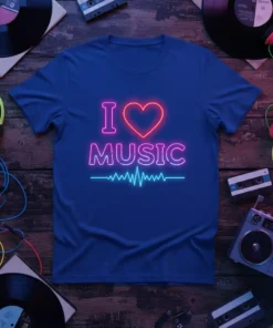 I Love Music neon sign graphic with a heart and waveform on a blue t-shirt