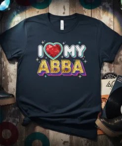 I Love My ABBA text with a sparkly red heart and golden ABBA lettering on a navy t-shirt