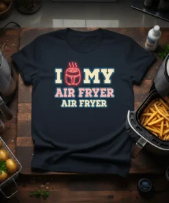 I LOVE MY AIR FRYER AIR FRYER text with an air fryer graphic, on a black t-shirt