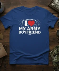I Love My Army Boyfriend t-shirt with red heart graphic and gear design