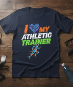 I Love My Athletic Trainer t-shirt with stylized heart and running figure graphic