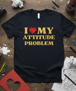 Black t-shirt with gold text "I Love My Attitude Problem" and a red heart graphic