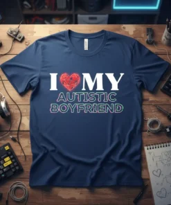 I Love My Autistic Boyfriend quote with a red geometric heart and glitch effect on a navy blue t-shirt