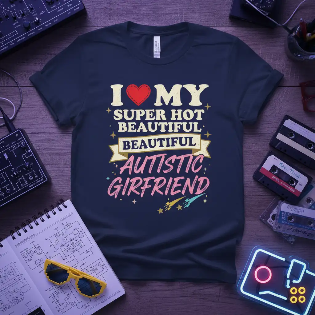 I Love My Super Hot Beautiful Autistic Girlfriend text with heart graphic on navy shirt