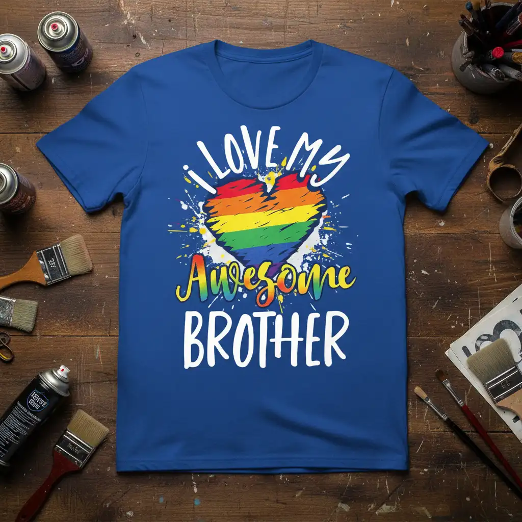I LOVE MY Awesome BROTHER rainbow heart design on a blue t-shirt