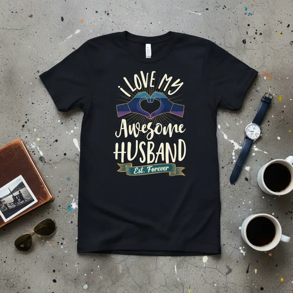 I LOVE MY Awesome HUSBAND Est. Forever quote with heart hands graphic on black t-shirt
