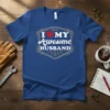I Love My Awesome Husband text with a red heart graphic on a blue t-shirt