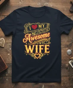 I Love My Awesome Wife t-shirt with heart graphic and decorative text, navy blue shirt