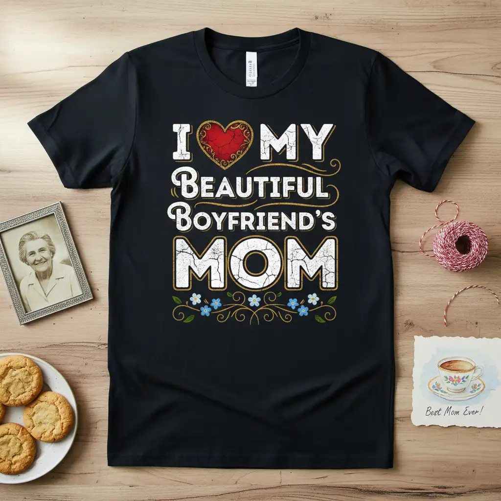 I Love My Beautiful Boyfriend's Mom quote with a heart graphic on a black graphic tee