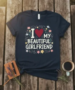 Dark navy t-shirt with white text "I Love My Beautiful Girlfriend" in a decorative floral border