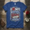 I Love My Beautiful Latina Girlfriend text with heart graphic on a blue t-shirt design
