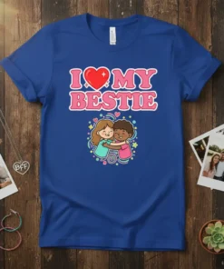 I Love My Bestie graphic tee with two cartoon friends hugging, pink and white text, and colorful stars