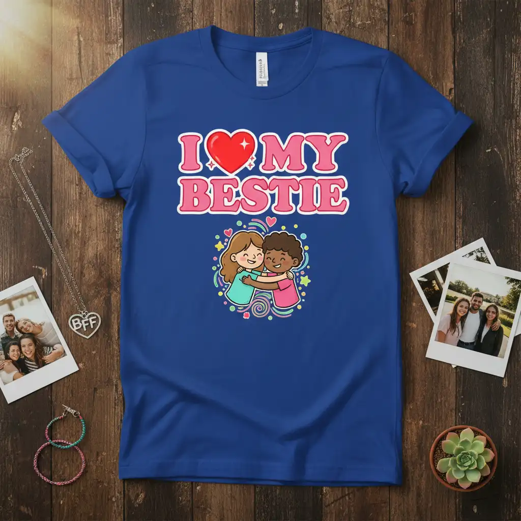 I Love My Bestie quote on a blue t-shirt with cartoon best friends hugging and colorful accents