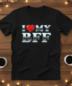 I Love My BFF text with a red heart graphic on a black t-shirt design for best friends