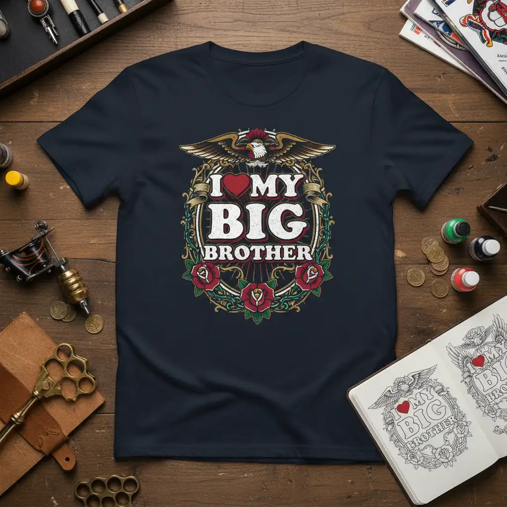 I Love My Big Brother quote with vintage eagle and rose graphic on a t-shirt