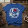 I Love My Bishop T-Shirt with a red cracked heart and ornate white border featuring roses and gothic architectural elements