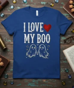 I Love My Boo t-shirt with two cute ghosts holding hands and a red heart graphic
