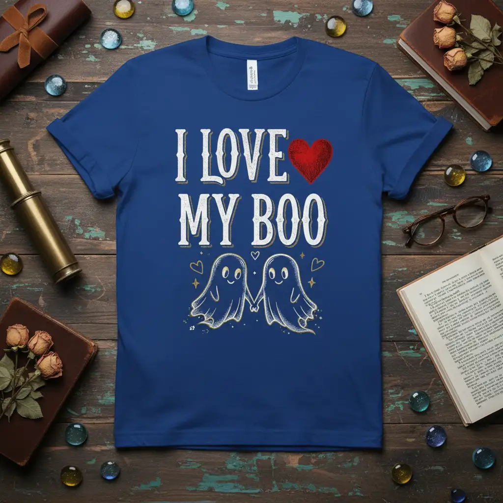 I Love My Boo couple t-shirt design with cute ghosts and heart, perfect for Halloween lovers