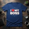 I Love My Boss T-Shirt with a red heart and bold white text on a navy blue shirt
