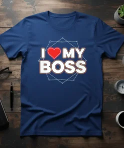 I Love My Boss T-Shirt with a red heart and bold white text on a navy blue shirt