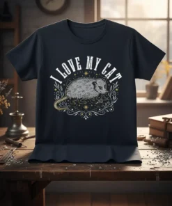 I Love My Cat T-Shirt with a stylized opossum in a decorative circle and stars