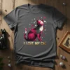 Geometric cat design with "I LOVE MY CAT" text, surrounded by hearts and sparkles, on a dark grey t-shirt