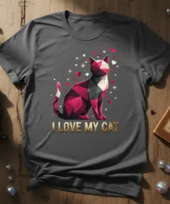 Geometric cat design with "I LOVE MY CAT" text, surrounded by hearts and sparkles, on a dark grey t-shirt