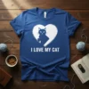 Blue t-shirt with white heart graphic featuring a black cat silhouette and the text "I LOVE MY CAT"