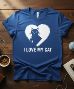 Blue t-shirt with white heart graphic featuring a black cat silhouette and the text "I LOVE MY CAT"