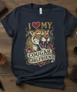 T-shirt design with text "I Love My Cougar Girlfriend" featuring a fierce cougar head and roses