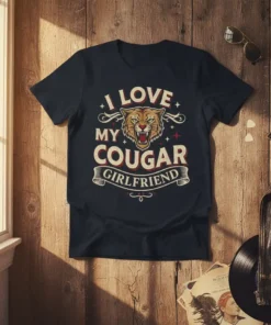 T-shirt with "I LOVE MY COUGAR GIRLFRIEND" text and a fierce tiger graphic