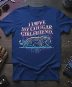 T-shirt with "I LOVE MY COUGAR GIRLFRIEND" text and a neon panther graphic