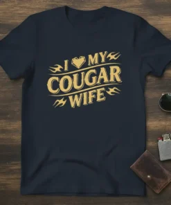 I Love My Cougar Wife t-shirt design with a heart and flames graphic, printed in gold on a navy shirt