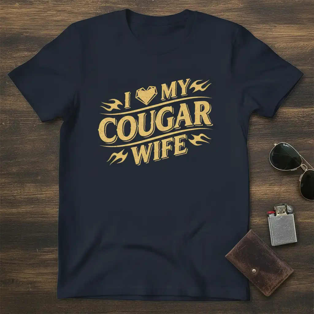 I Love My Cougar Wife text with heart and flame graphics on a dark t-shirt