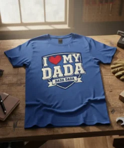 Blue t-shirt with "I Love My Dada" in bold white and red text, featuring a heart and a banner with