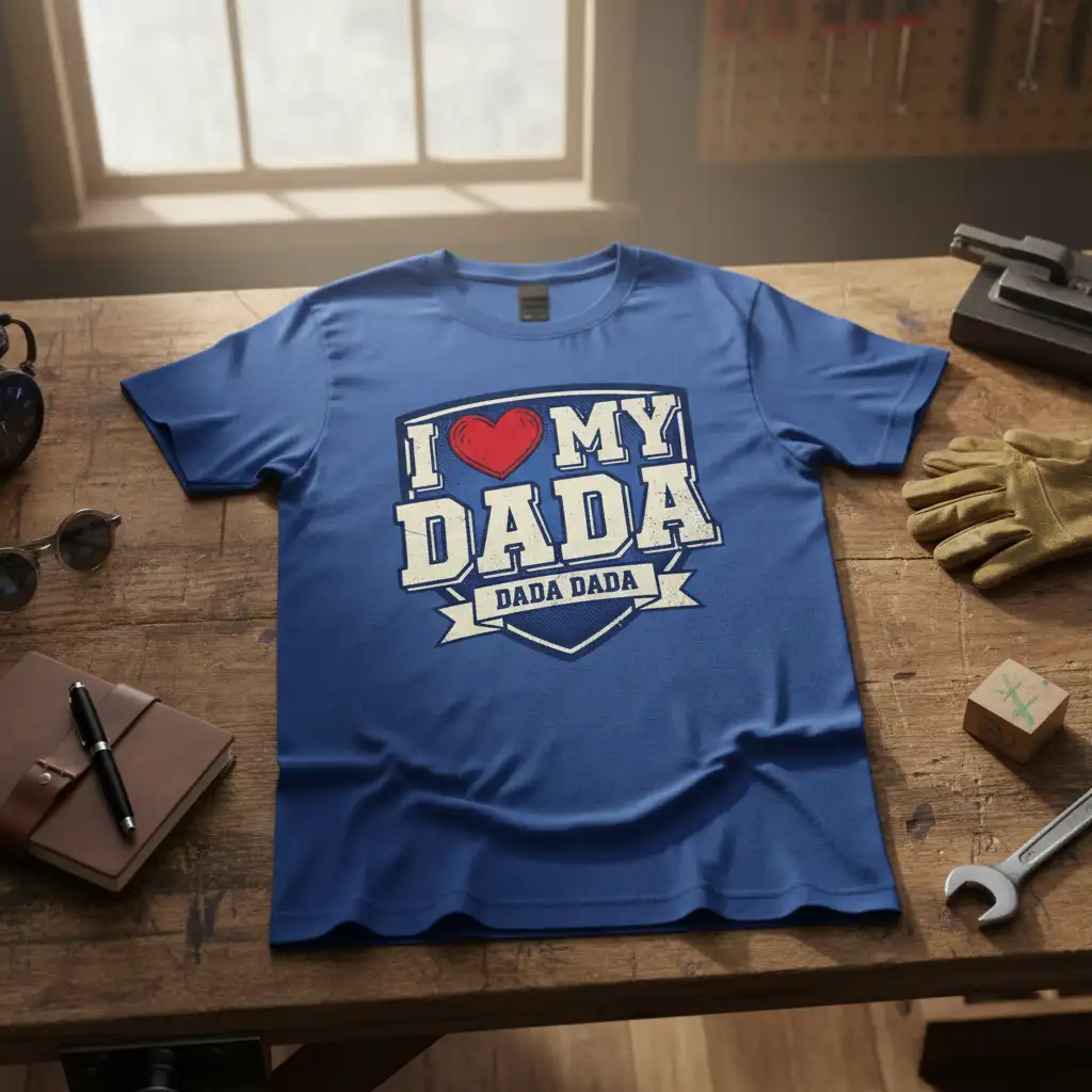 Blue t-shirt with I Love My Dada text and heart graphic, perfect Father's Day gift for dads