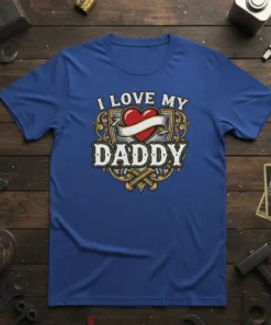 I Love My Daddy text with a heart and banner graphic on a blue t-shirt