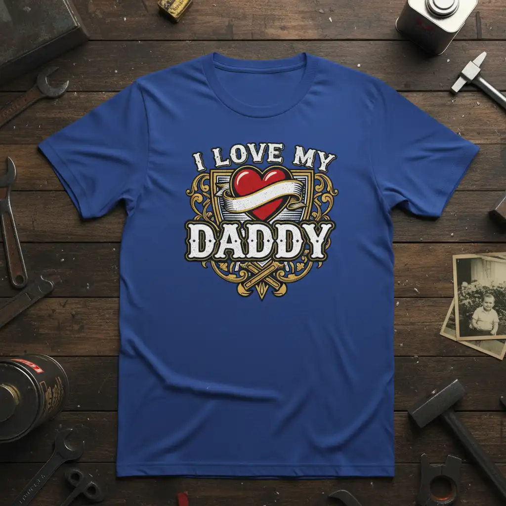 I Love My Daddy text with heart graphic and banner on a blue t-shirt