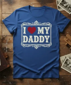 Blue t-shirt with "I Love My Daddy" text and a red heart graphic inside a decorative frame