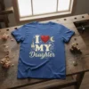 I LOVE MY Daughter T-Shirt with red heart, castle, and crescent moon graphics, featuring playful typography