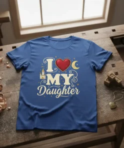 I LOVE MY Daughter T-Shirt with red heart, castle, and crescent moon graphics, featuring playful typography