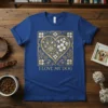 I Love My Dog T-Shirt featuring a golden heart design with paw prints and floral elements, in royal blue