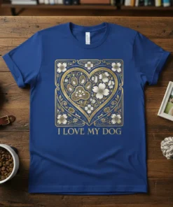 I Love My Dog T-Shirt featuring a golden heart design with paw prints and floral elements, in royal blue