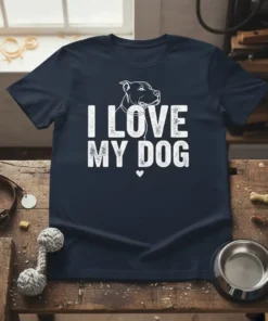 White text "I LOVE MY DOG" with a graphic of a pitbull's head on a navy blue t-shirt