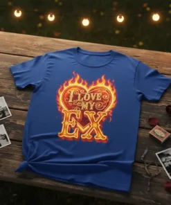 I Love My Ex text within a flaming heart graphic on a royal blue t-shirt